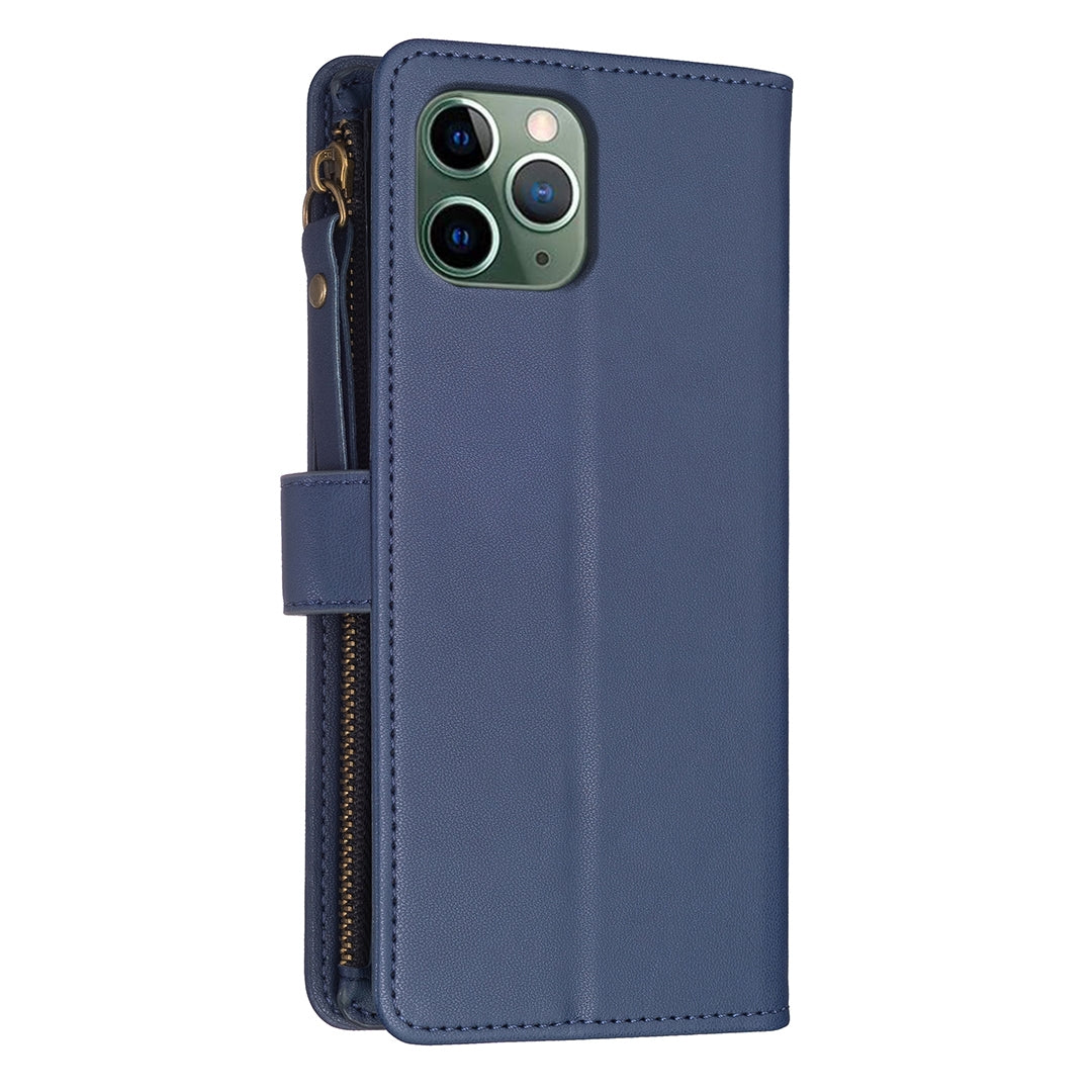 iPhone 11 Pro Leather Flip Phone Case with 9 Card Slots, Zipper Wallet & Detachable Wristlet Strap