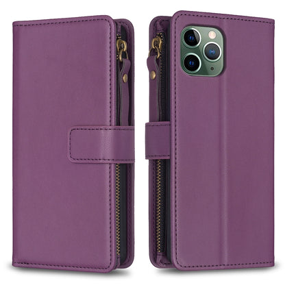 iPhone 11 Pro Leather Flip Phone Case with 9 Card Slots, Zipper Wallet & Detachable Wristlet Strap