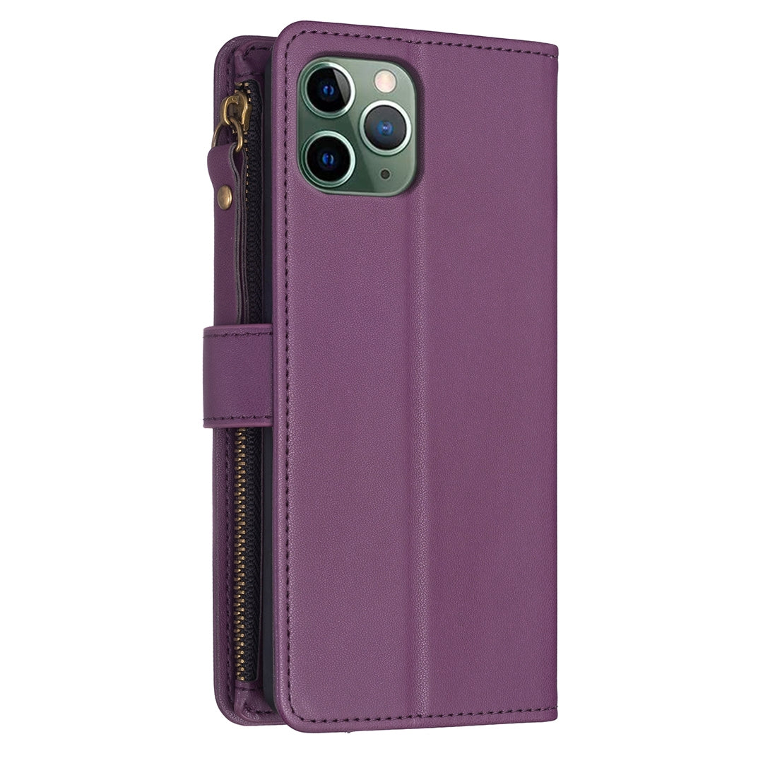 iPhone 11 Pro Leather Flip Phone Case with 9 Card Slots, Zipper Wallet & Detachable Wristlet Strap