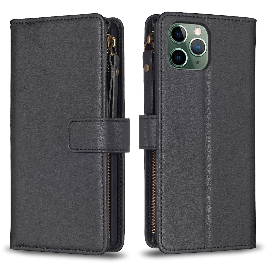 iPhone 11 Pro Leather Flip Phone Case with 9 Card Slots, Zipper Wallet & Detachable Wristlet Strap