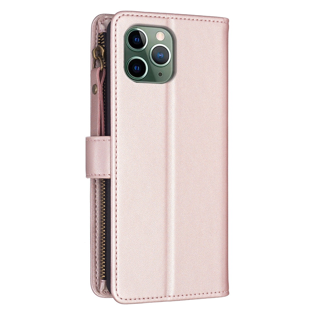 iPhone 11 Pro Leather Flip Phone Case with 9 Card Slots, Zipper Wallet & Detachable Wristlet Strap