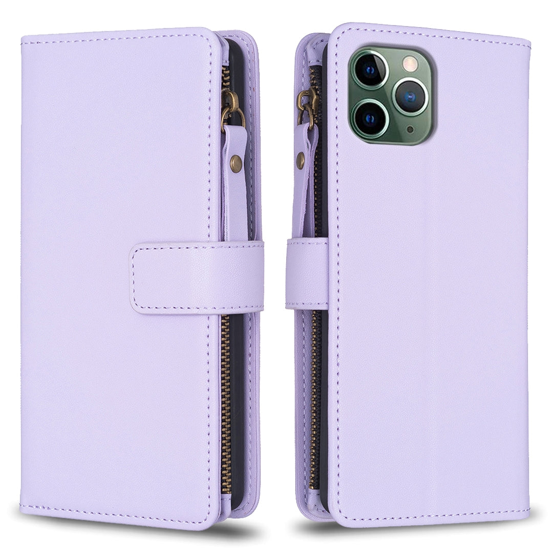 iPhone 11 Pro Leather Flip Phone Case with 9 Card Slots, Zipper Wallet & Detachable Wristlet Strap
