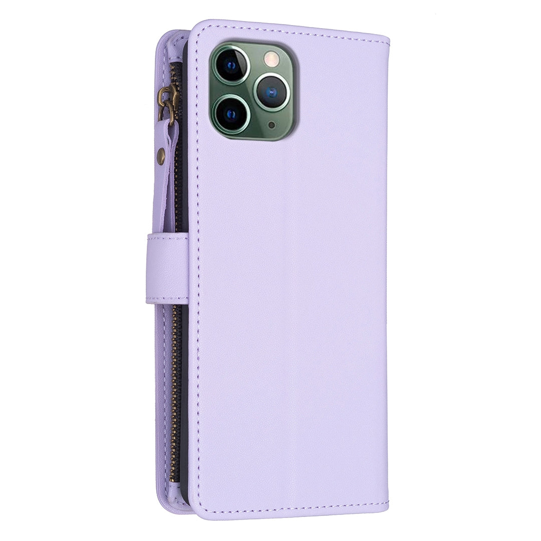 iPhone 11 Pro Leather Flip Phone Case with 9 Card Slots, Zipper Wallet & Detachable Wristlet Strap