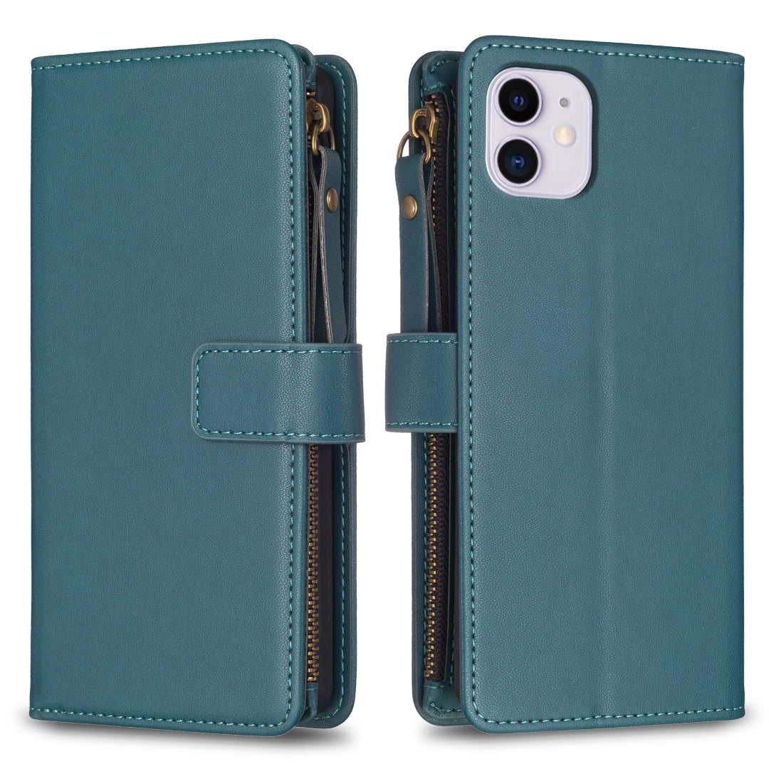 iPhone 11 Leather Flip Phone Case with 9 Card Slots, Zipper Wallet & Detachable Wristlet Strap