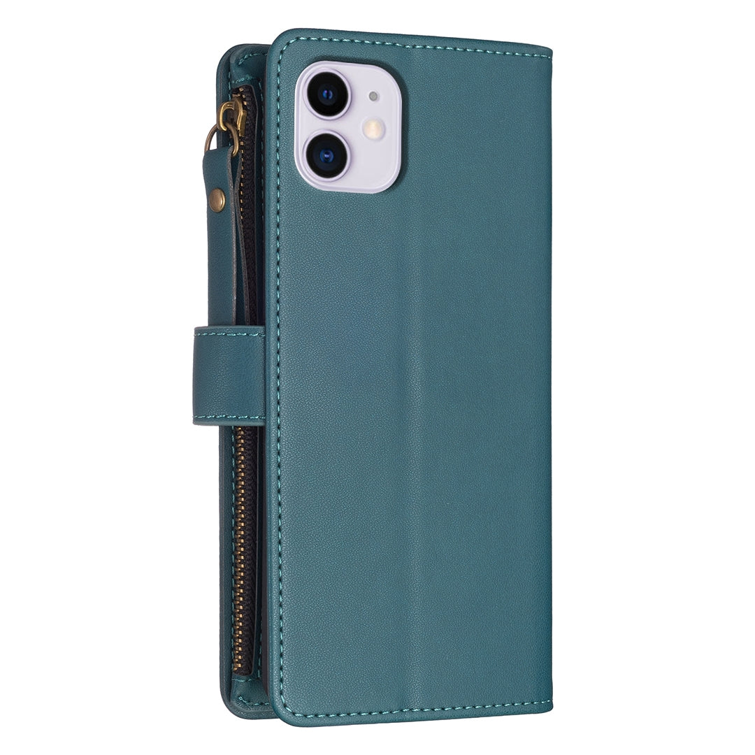 iPhone 11 Leather Flip Phone Case with 9 Card Slots, Zipper Wallet & Detachable Wristlet Strap