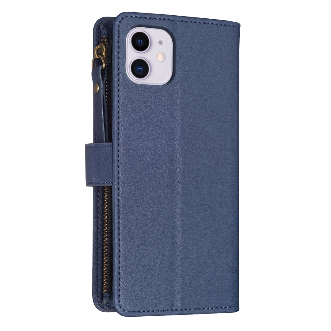 iPhone 11 Leather Flip Phone Case with 9 Card Slots, Zipper Wallet & Detachable Wristlet Strap