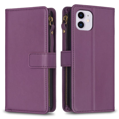 iPhone 11 Leather Flip Phone Case with 9 Card Slots, Zipper Wallet & Detachable Wristlet Strap
