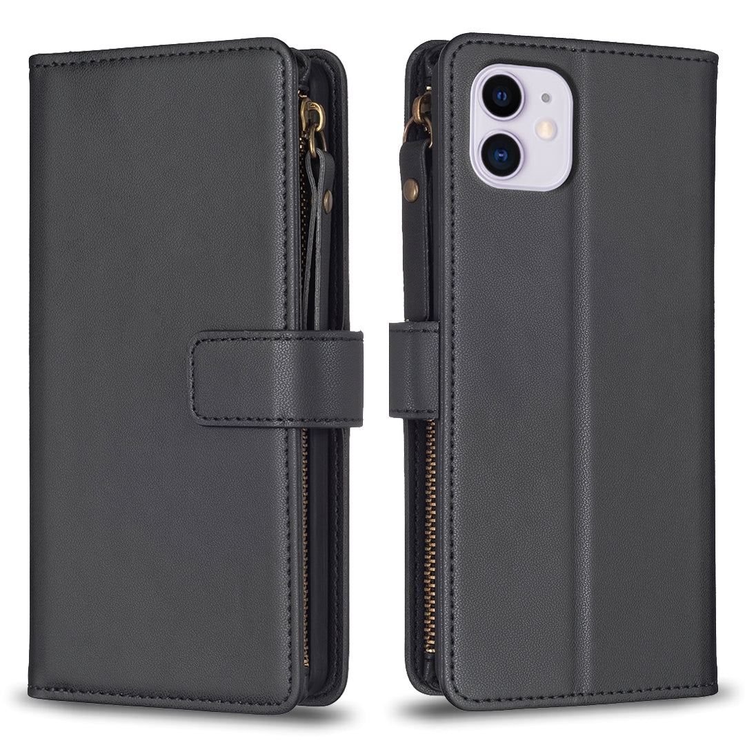 iPhone 11 Leather Flip Phone Case with 9 Card Slots, Zipper Wallet & Detachable Wristlet Strap