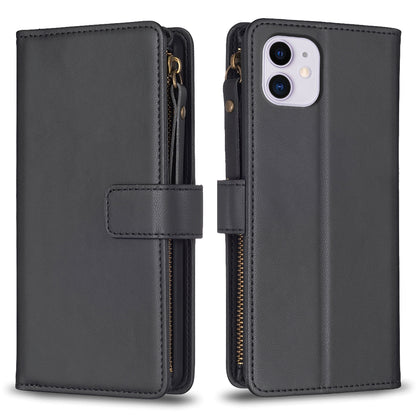 iPhone 11 Leather Flip Phone Case with 9 Card Slots, Zipper Wallet & Detachable Wristlet Strap