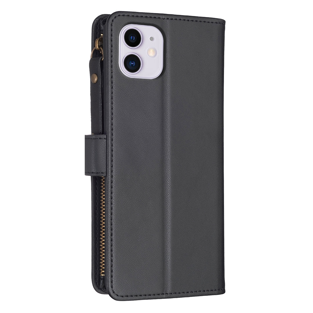 iPhone 11 Leather Flip Phone Case with 9 Card Slots, Zipper Wallet & Detachable Wristlet Strap