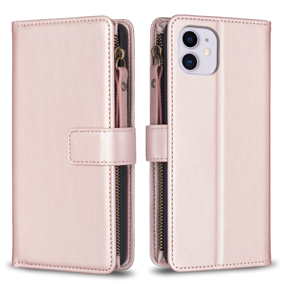 iPhone 11 Leather Flip Phone Case with 9 Card Slots, Zipper Wallet & Detachable Wristlet Strap