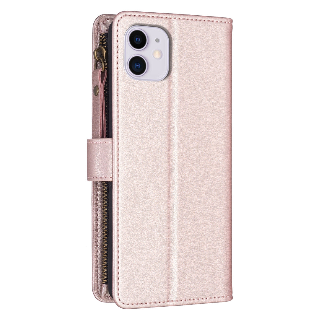 iPhone 11 Leather Flip Phone Case with 9 Card Slots, Zipper Wallet & Detachable Wristlet Strap