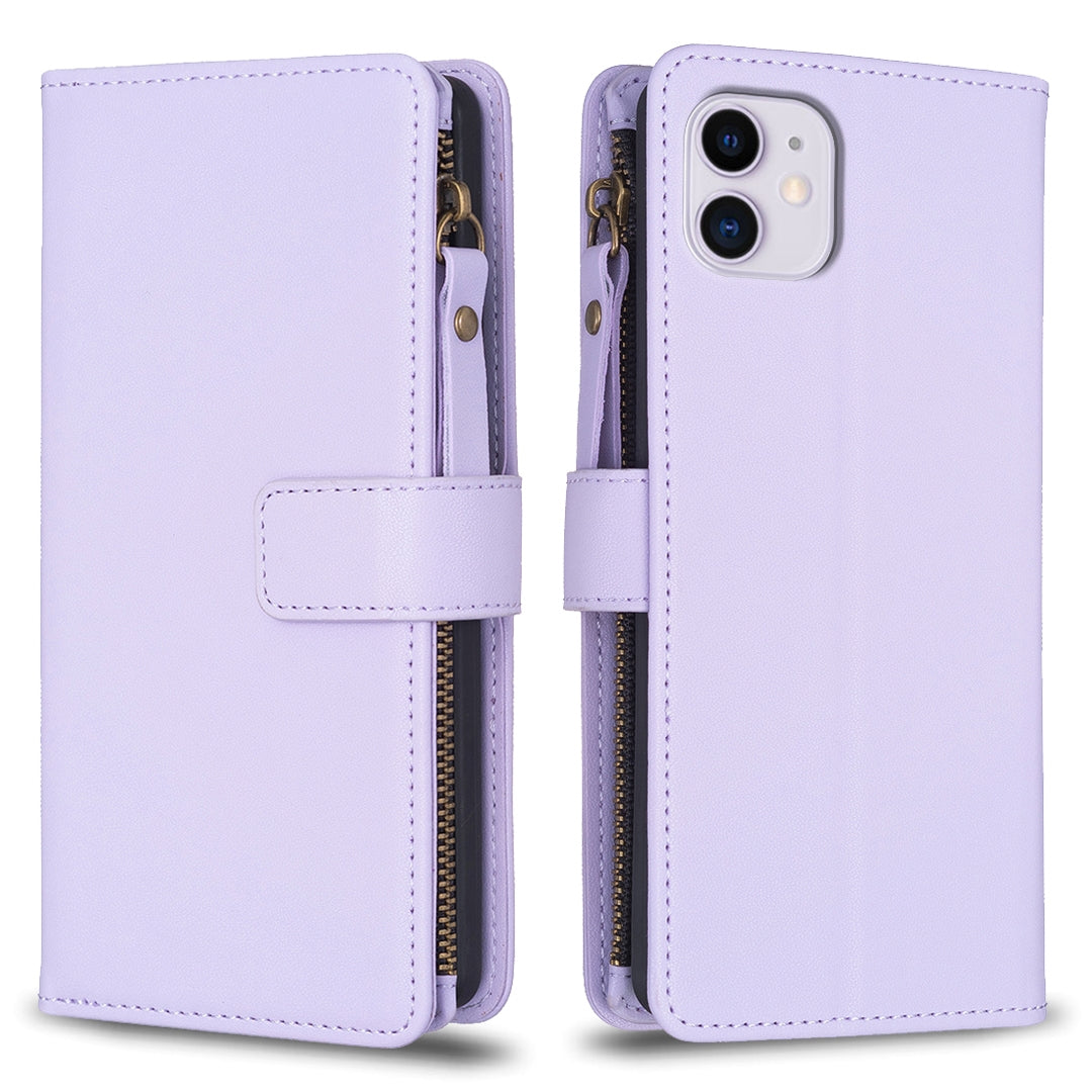 iPhone 11 Leather Flip Phone Case with 9 Card Slots, Zipper Wallet & Detachable Wristlet Strap