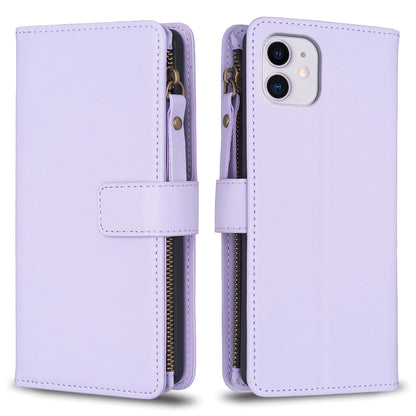 iPhone 11 Leather Flip Phone Case with 9 Card Slots, Zipper Wallet & Detachable Wristlet Strap