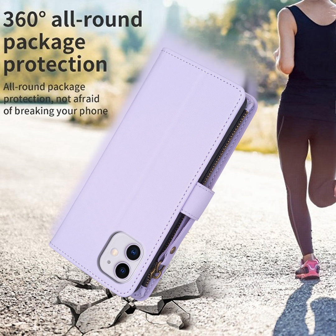 iPhone 11 Leather Flip Phone Case with 9 Card Slots, Zipper Wallet & Detachable Wristlet Strap