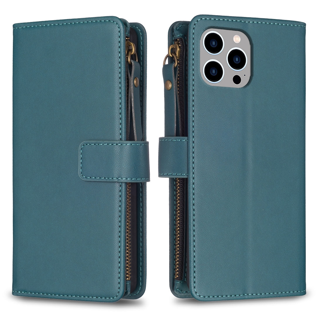 iPhone 12 Pro Max Leather Flip Phone Case with 9 Card Slots, Zipper Wallet & Detachable Wristlet Strap