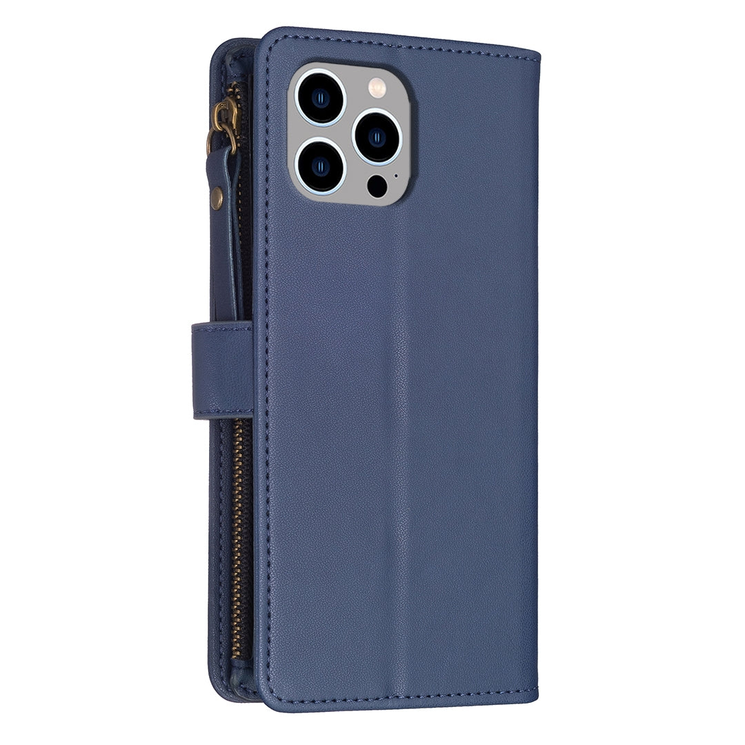 iPhone 12 Pro Max Leather Flip Phone Case with 9 Card Slots, Zipper Wallet & Detachable Wristlet Strap