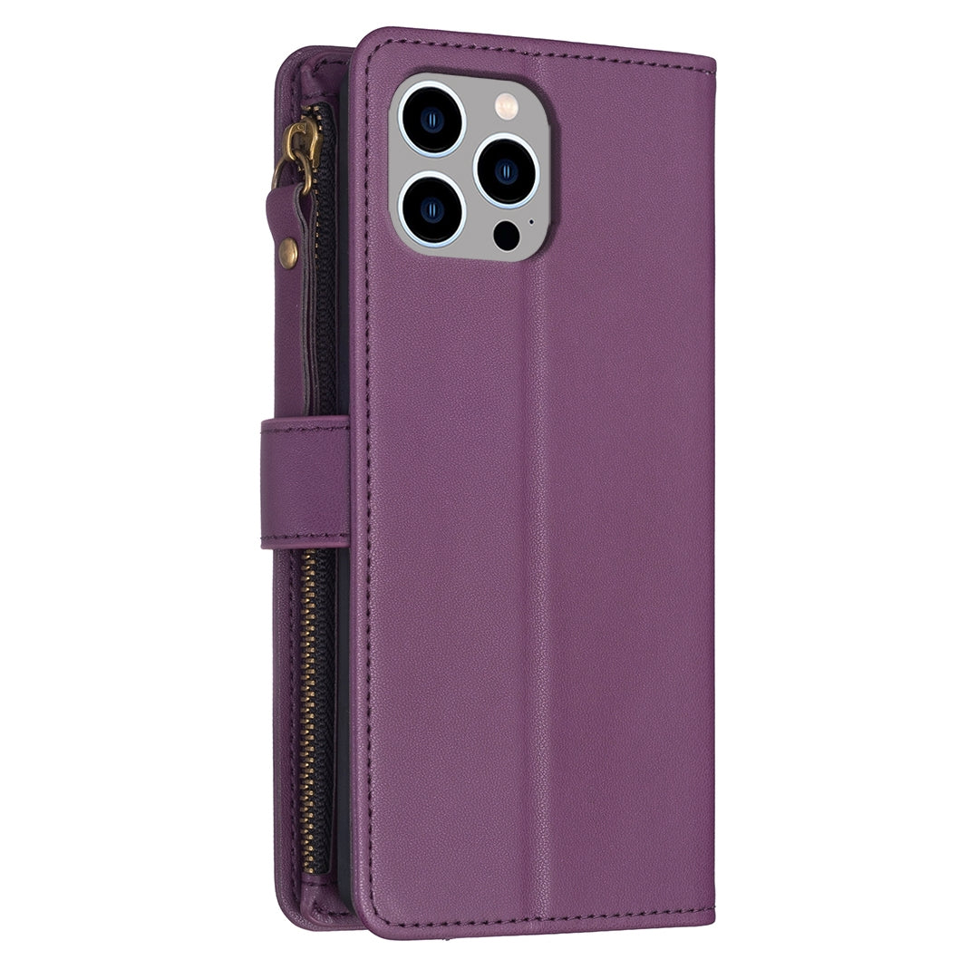 iPhone 12 Pro Max Leather Flip Phone Case with 9 Card Slots, Zipper Wallet & Detachable Wristlet Strap