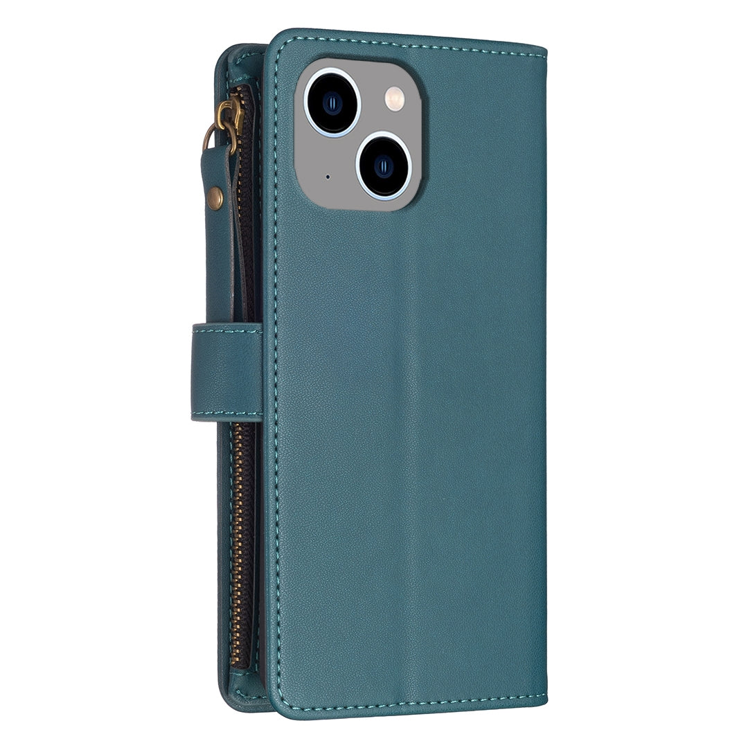 iPhone 14 Leather Flip Phone Case with 9 Card Slots, Zipper Wallet & Detachable Wristlet Strap