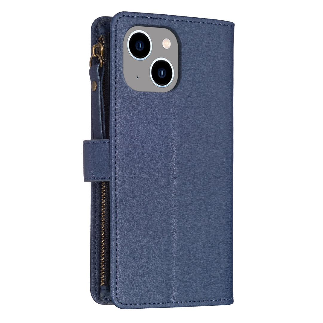 iPhone 14 Leather Flip Phone Case with 9 Card Slots, Zipper Wallet & Detachable Wristlet Strap