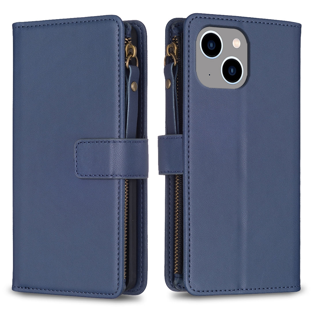 iPhone 14 Leather Flip Phone Case with 9 Card Slots, Zipper Wallet & Detachable Wristlet Strap