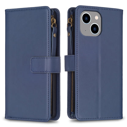 iPhone 14 Leather Flip Phone Case with 9 Card Slots, Zipper Wallet & Detachable Wristlet Strap