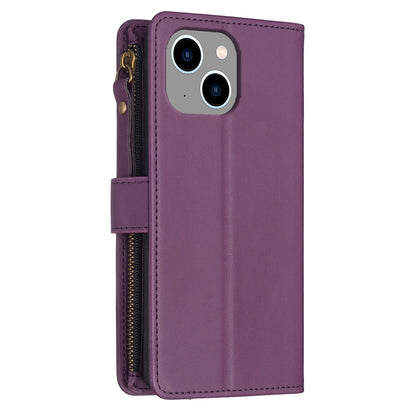 iPhone 14 Leather Flip Phone Case with 9 Card Slots, Zipper Wallet & Detachable Wristlet Strap