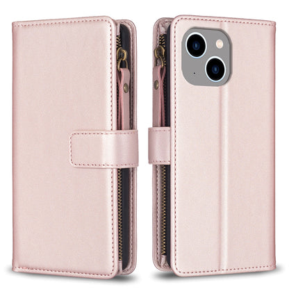 iPhone 14 Leather Flip Phone Case with 9 Card Slots, Zipper Wallet & Detachable Wristlet Strap