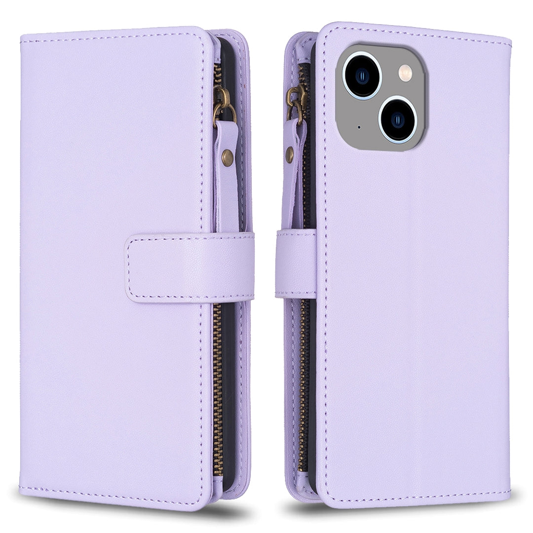 iPhone 14 Leather Flip Phone Case with 9 Card Slots, Zipper Wallet & Detachable Wristlet Strap