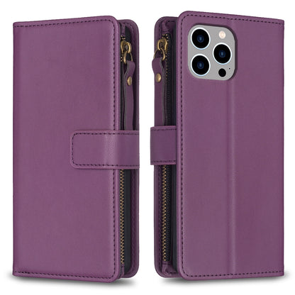 iPhone 14 Pro Max Leather Flip Phone Case with 9 Card Slots, Zipper Wallet & Detachable Wristlet Strap