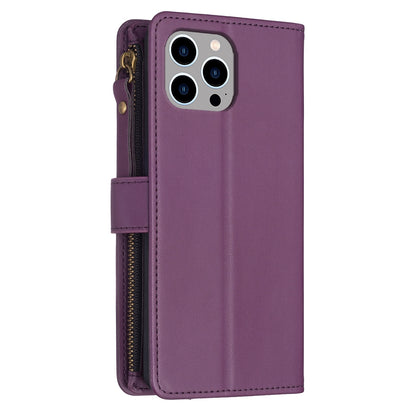 iPhone 14 Pro Leather Flip Phone Case with 9 Card Slots, Zipper Wallet & Detachable Wristlet Strap