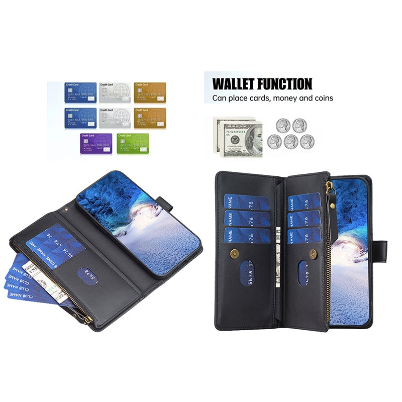 iPhone 14 Pro Leather Flip Phone Case with 9 Card Slots, Zipper Wallet & Detachable Wristlet Strap