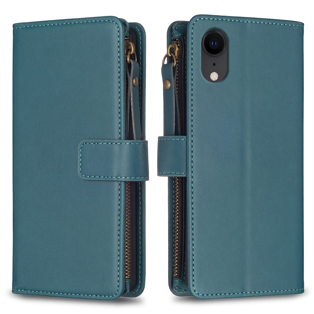 iPhone XR Leather Flip Phone Case with 9 Card Slots, Zipper Wallet & Detachable Wristlet Strap