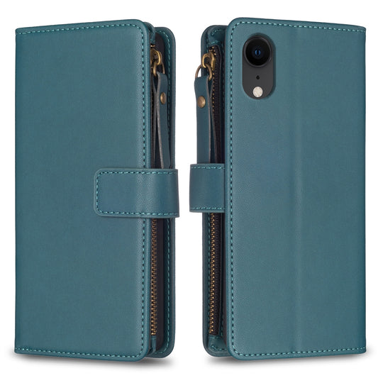 iPhone XR Leather Flip Phone Case with 9 Card Slots, Zipper Wallet & Detachable Wristlet Strap