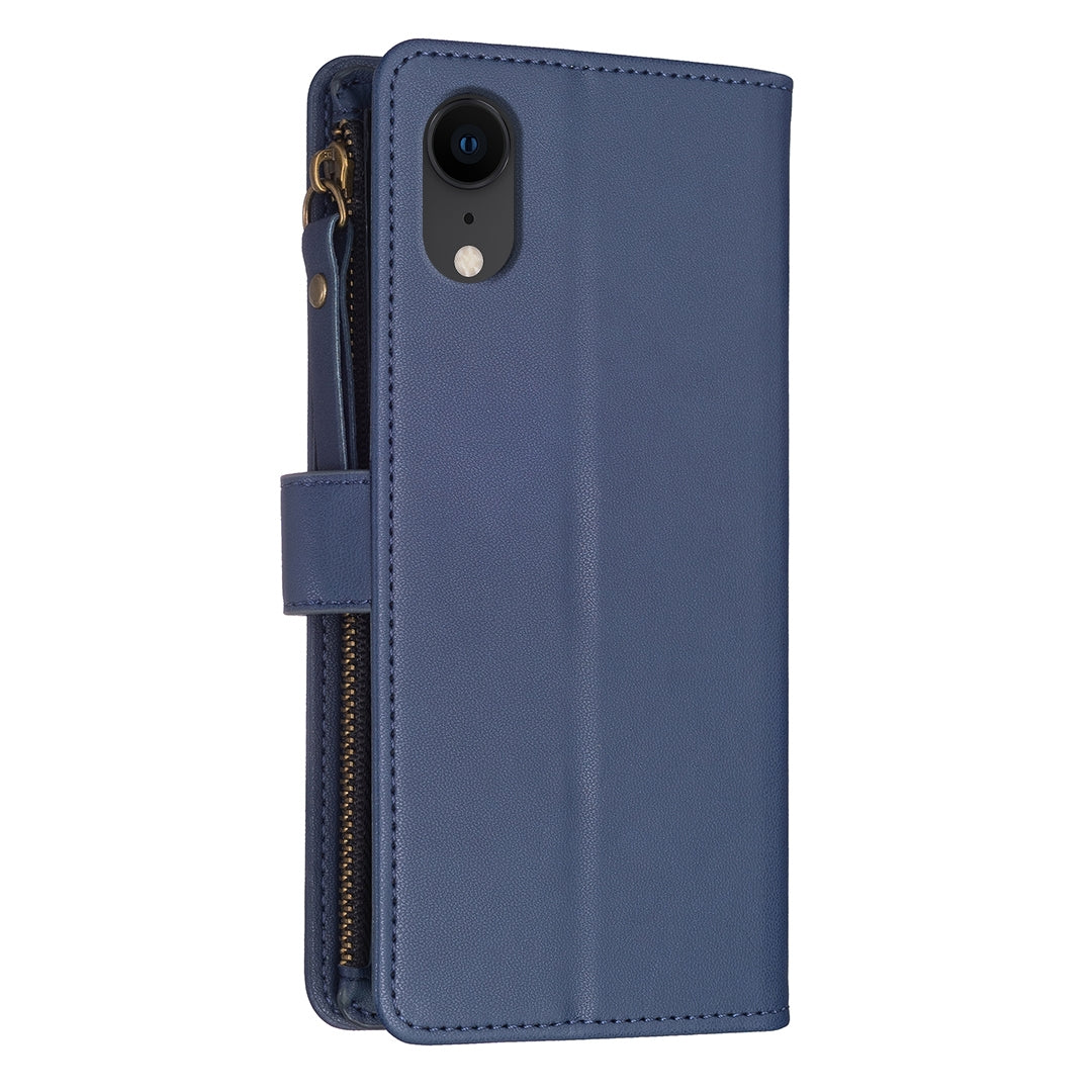 iPhone XR Leather Flip Phone Case with 9 Card Slots, Zipper Wallet & Detachable Wristlet Strap