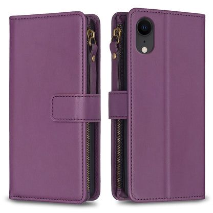 iPhone XR Leather Flip Phone Case with 9 Card Slots, Zipper Wallet & Detachable Wristlet Strap