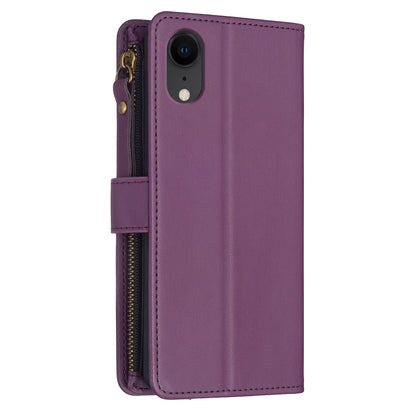 iPhone XR Leather Flip Phone Case with 9 Card Slots, Zipper Wallet & Detachable Wristlet Strap