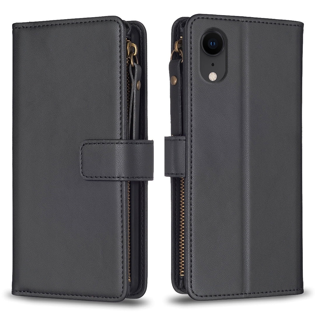 iPhone XR Leather Flip Phone Case with 9 Card Slots, Zipper Wallet & Detachable Wristlet Strap
