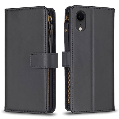 iPhone XR Leather Flip Phone Case with 9 Card Slots, Zipper Wallet & Detachable Wristlet Strap