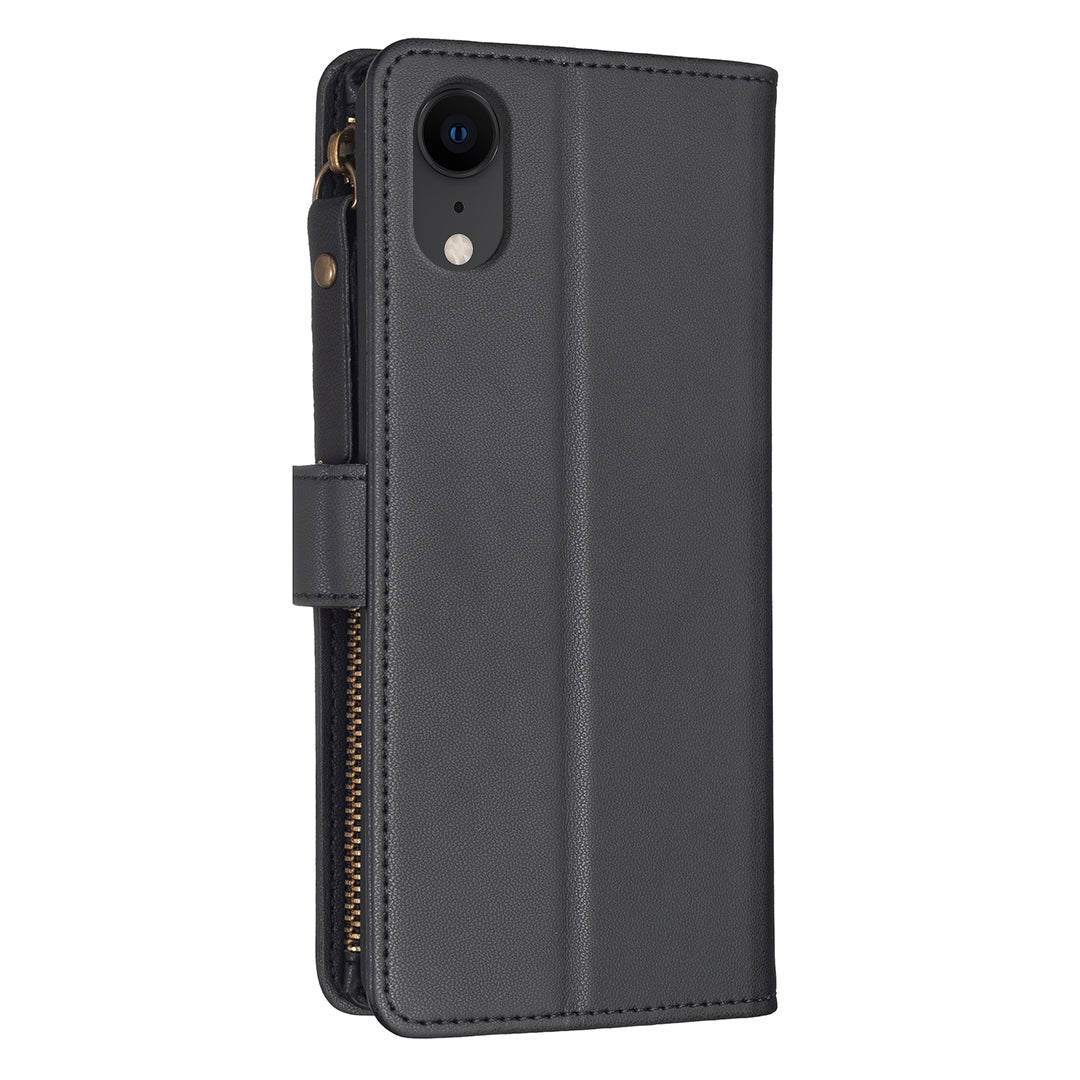 iPhone XR Leather Flip Phone Case with 9 Card Slots, Zipper Wallet & Detachable Wristlet Strap