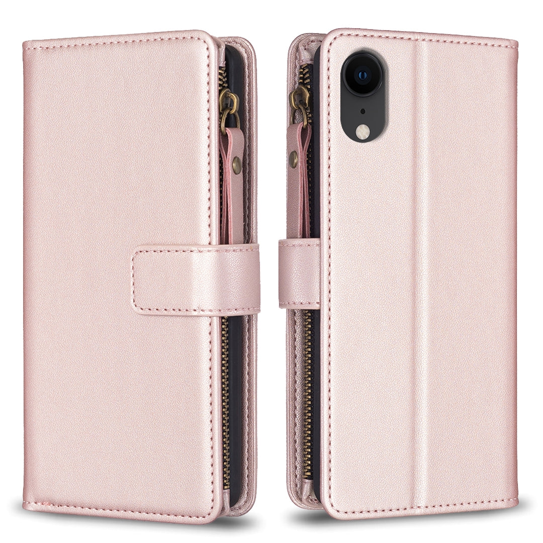 iPhone XR Leather Flip Phone Case with 9 Card Slots, Zipper Wallet & Detachable Wristlet Strap