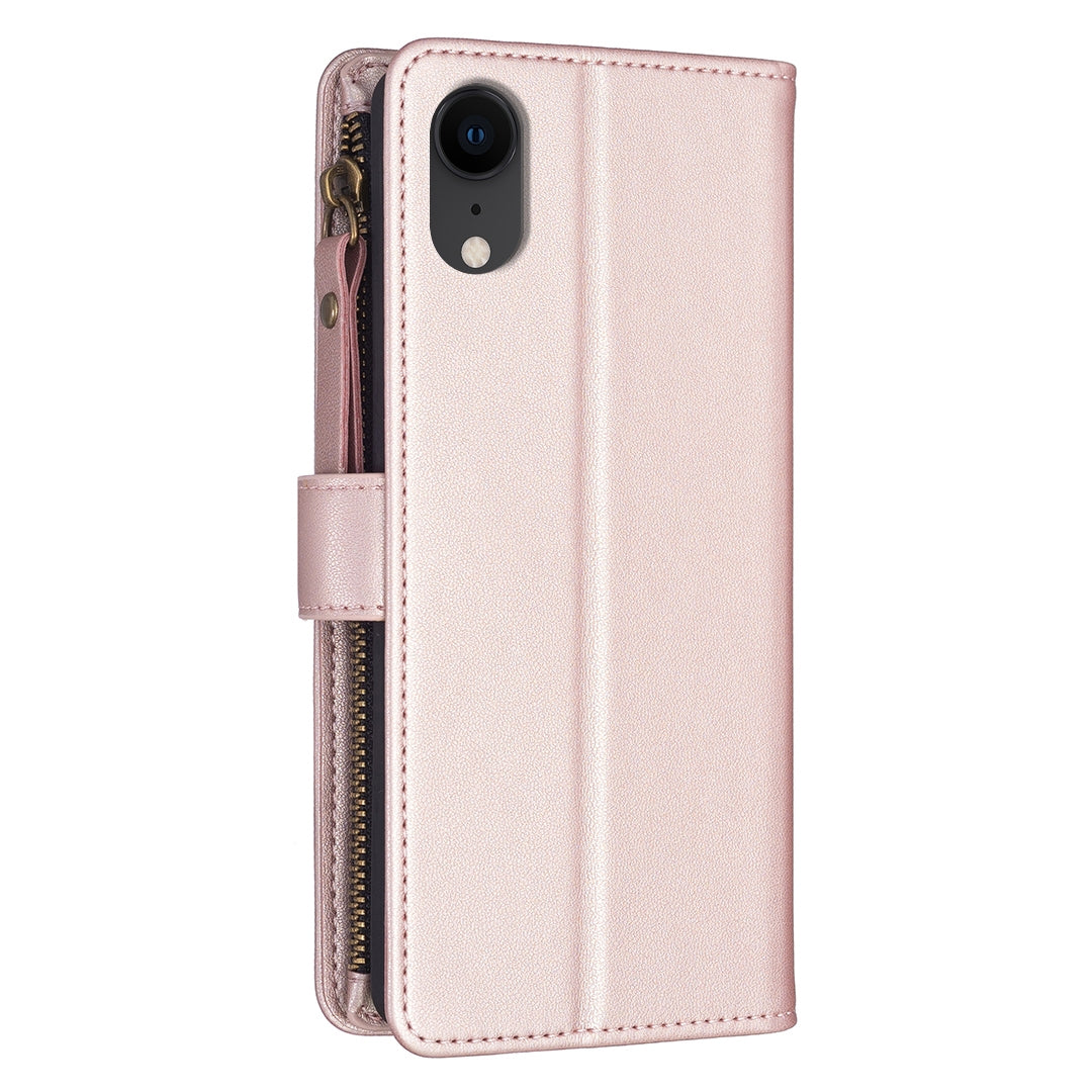 iPhone XR Leather Flip Phone Case with 9 Card Slots, Zipper Wallet & Detachable Wristlet Strap