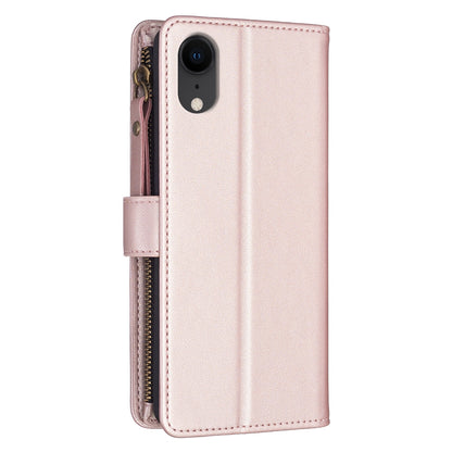 iPhone XR Leather Flip Phone Case with 9 Card Slots, Zipper Wallet & Detachable Wristlet Strap