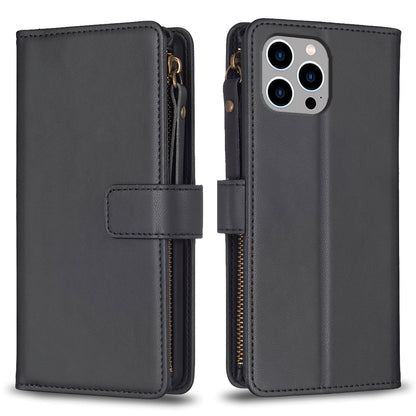 iPhone 12 Leather Flip Phone Case with 9 Card Slots, Zipper Wallet & Detachable Wristlet Strap