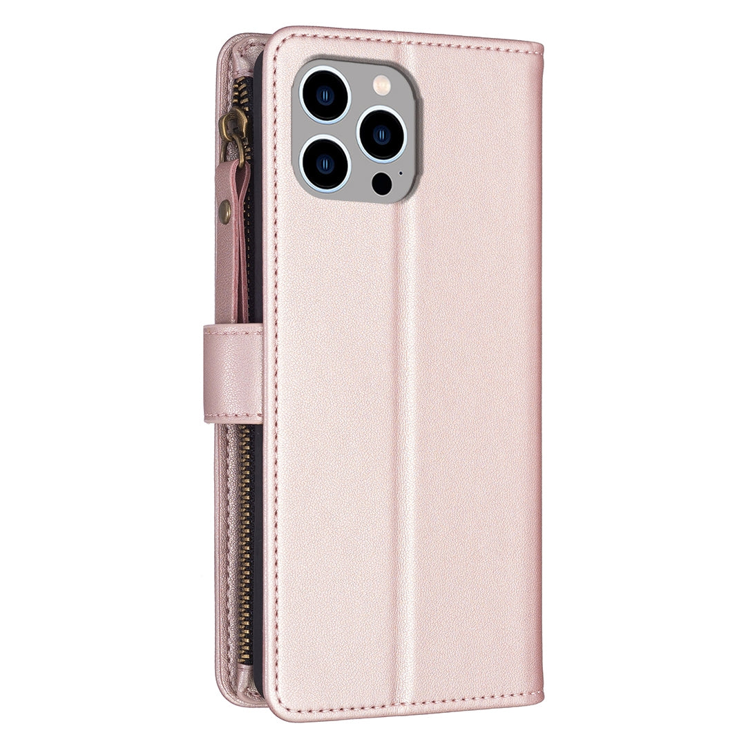 iPhone 12 Leather Flip Phone Case with 9 Card Slots, Zipper Wallet & Detachable Wristlet Strap