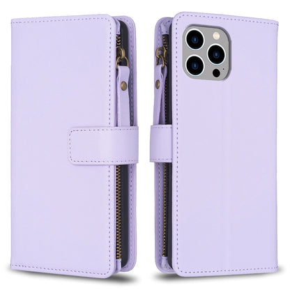 iPhone 12 Leather Flip Phone Case with 9 Card Slots, Zipper Wallet & Detachable Wristlet Strap