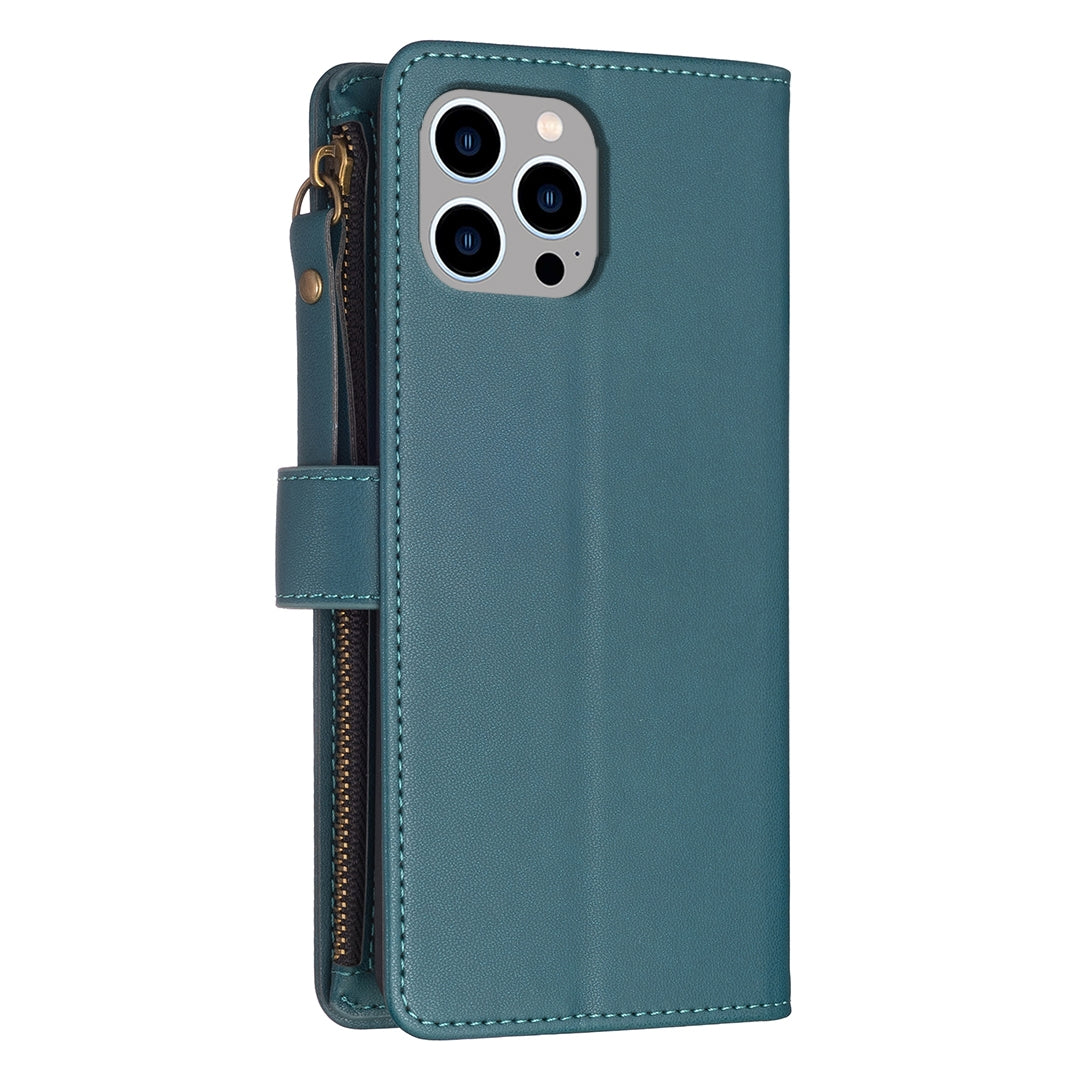 iPhone 15 Pro Max Leather Flip Phone Case with 9 Card Slots, Zipper Wallet & Detachable Wristlet Strap
