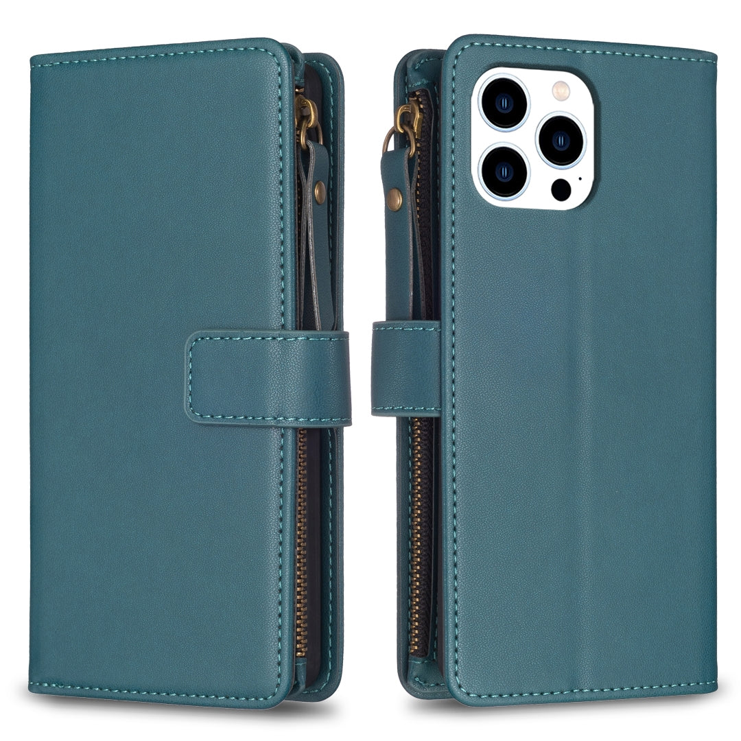 iPhone 15 Pro Leather Flip Phone Case with 9 Card Slots, Zipper Wallet & Detachable Wristlet Strap