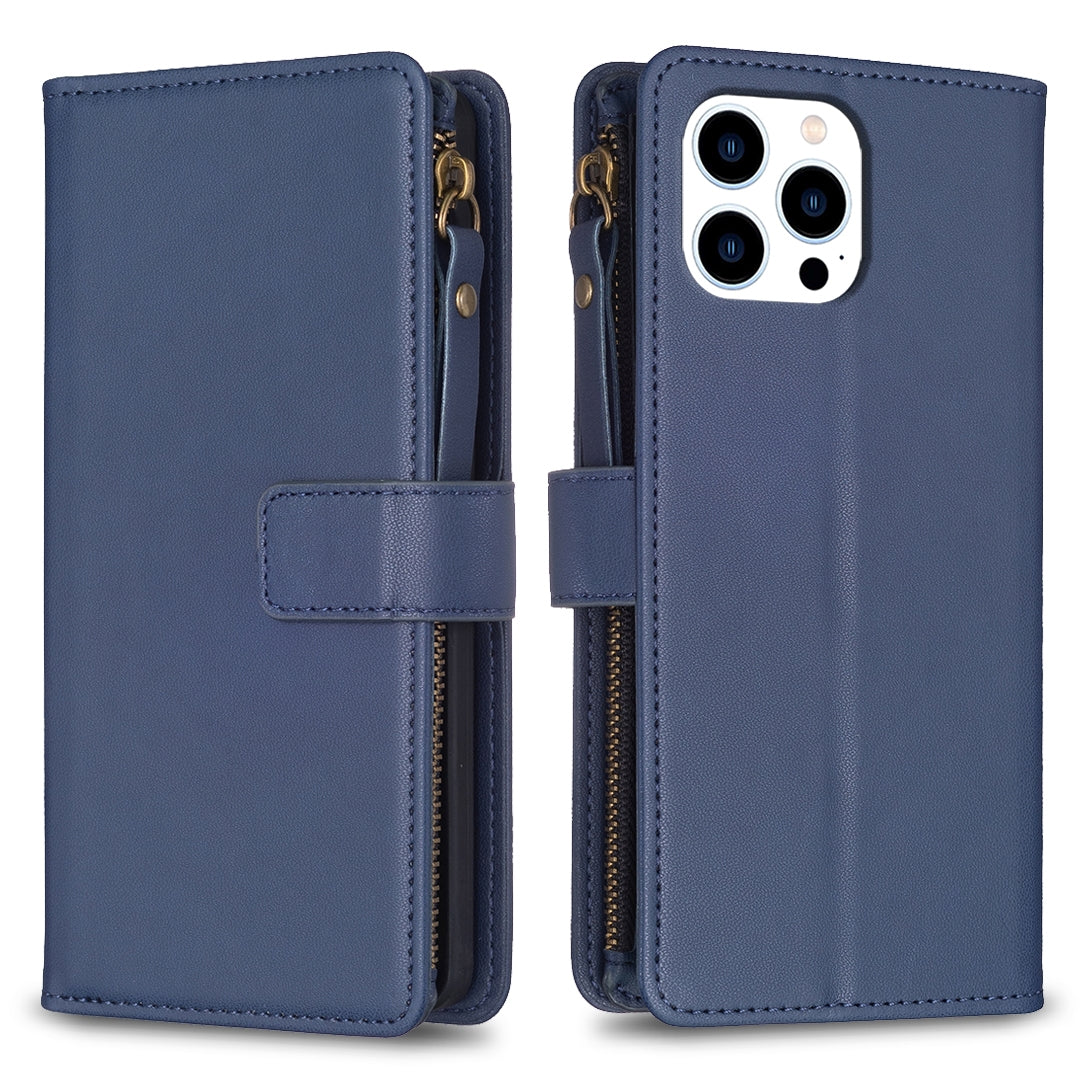 iPhone 15 Pro Leather Flip Phone Case with 9 Card Slots, Zipper Wallet & Detachable Wristlet Strap
