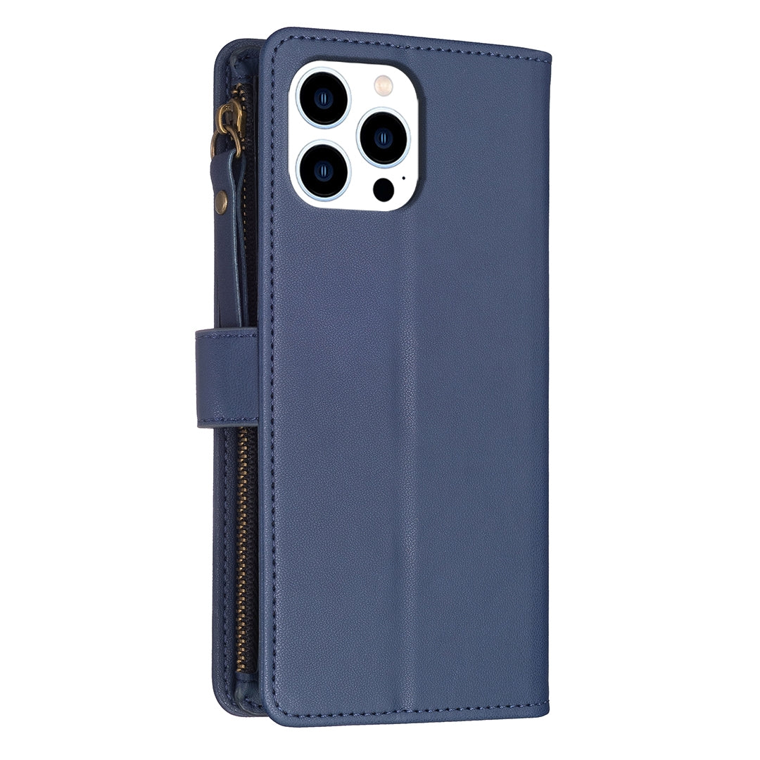 iPhone 15 Pro Leather Flip Phone Case with 9 Card Slots, Zipper Wallet & Detachable Wristlet Strap